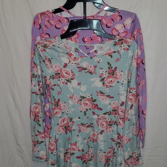 2 PACK| CHILDRENS PLACE| GREEN FLOWER/PURPLE BUTTERFLY SKATER DRESS SET| SIZE XL